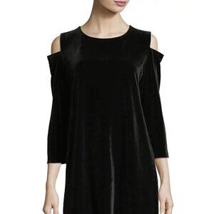 Caroline Rose Women Sz XS Black Stretch Velvet Cold Shoulder Flared Tunic Blouse